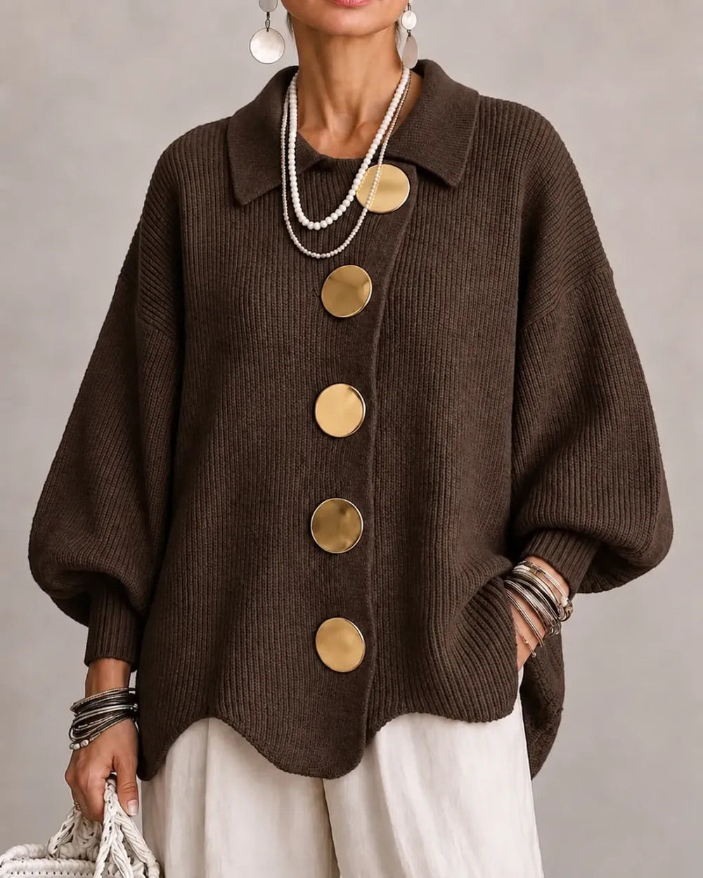 Oversized Collared Cardigan with Scalloped Hem