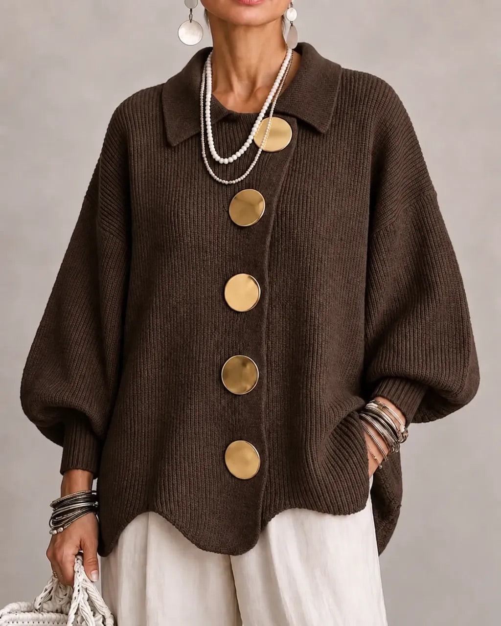 Oversized Collared Cardigan with Scalloped Hem