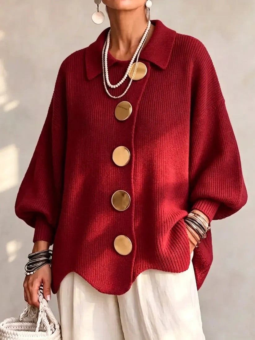 Oversized Collared Cardigan with Scalloped Hem