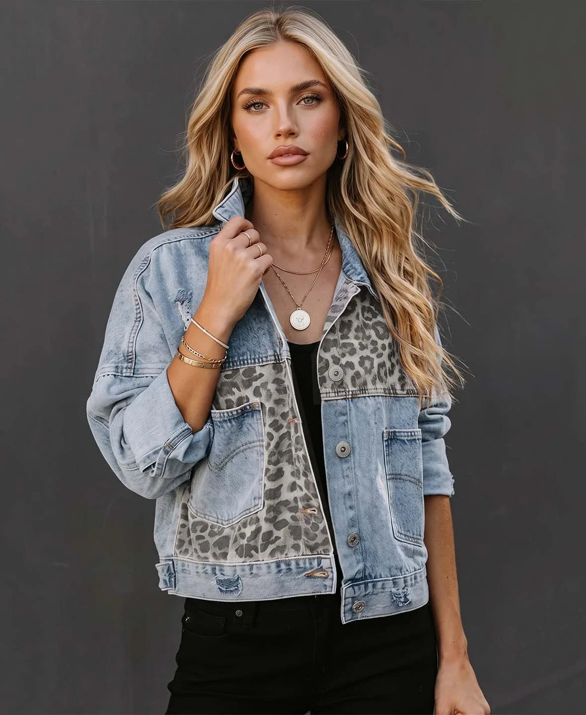 Leopard Patchwork Distressed Denim Jacket