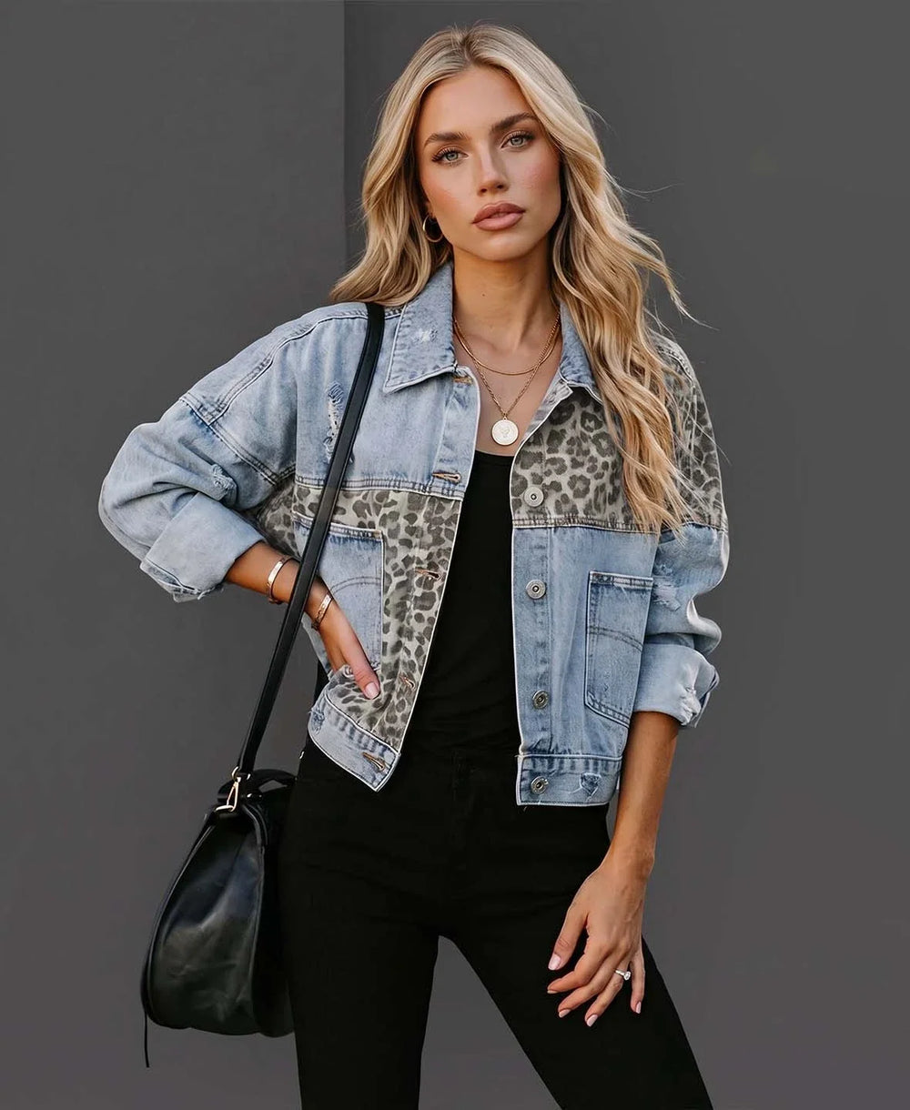 Leopard Patchwork Distressed Denim Jacket
