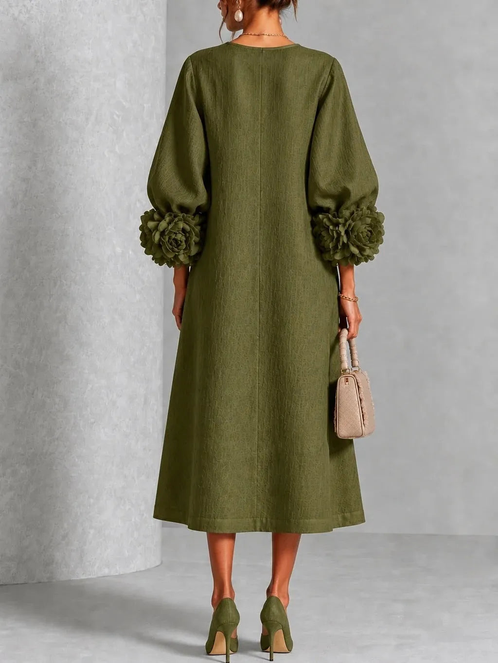 Textured Midi Dress with Rosette Cuffs