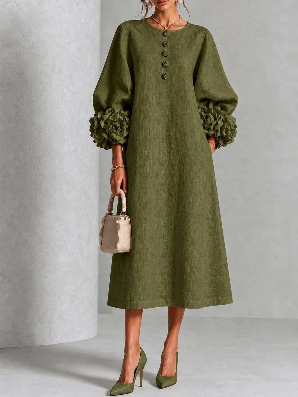 Textured Midi Dress with Rosette Cuffs