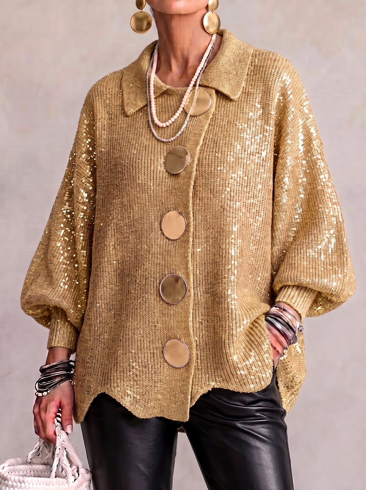 Oversized Collared Cardigan with Scalloped Hem