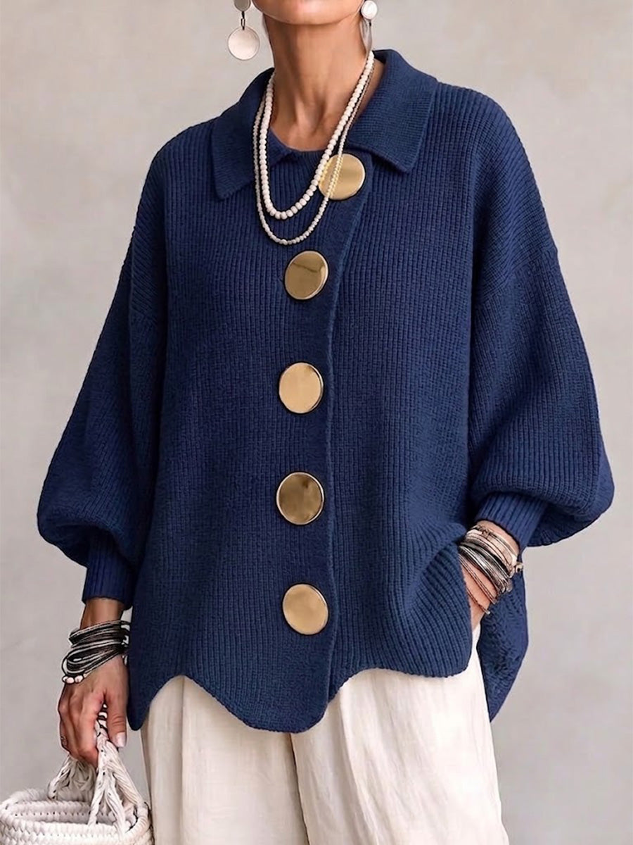 Oversized Collared Cardigan with Scalloped Hem