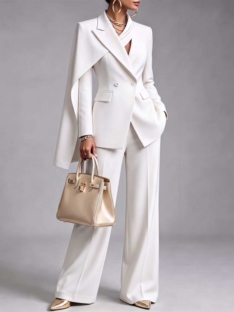 Cape-Sleeve Blazer and Wide-Leg Pants Suit Set