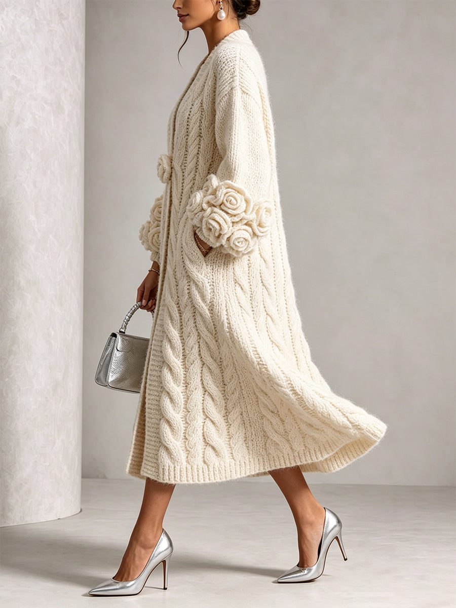 Floral-Sleeve Cable-Knit Long Cardigan