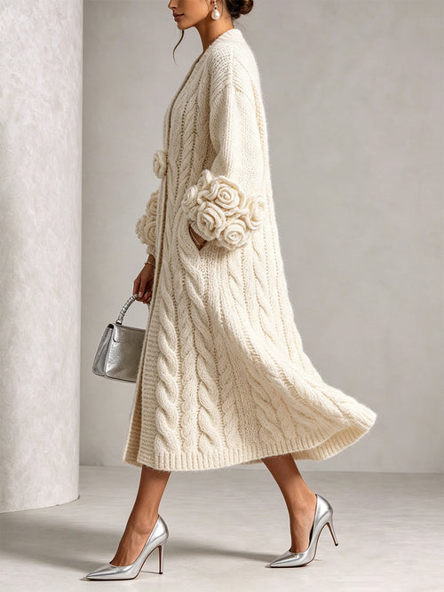 Floral-Sleeve Cable-Knit Long Cardigan