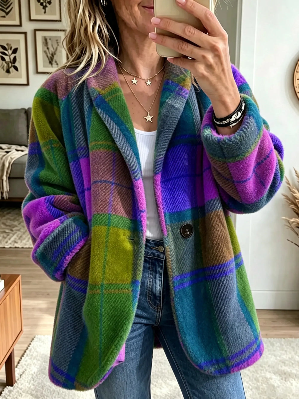 Bold Plaid Fleece Blazer Coat