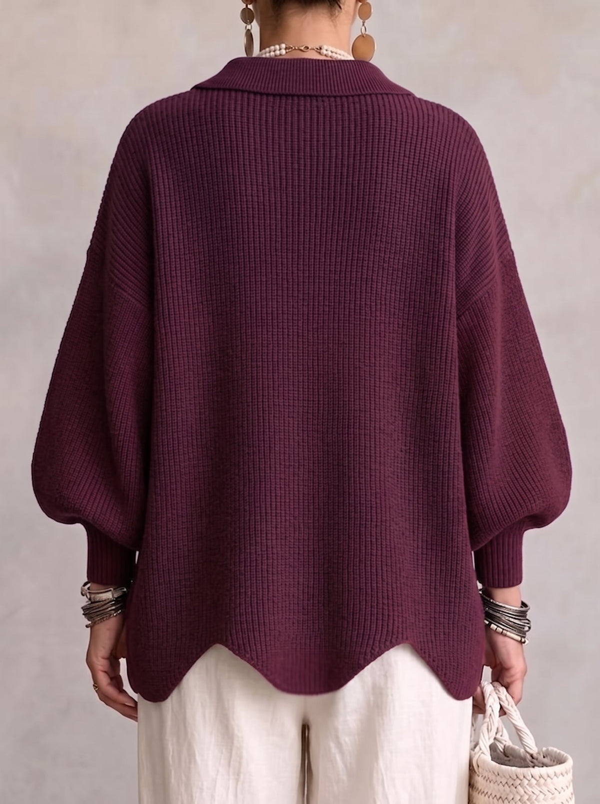 Oversized Collared Cardigan with Scalloped Hem