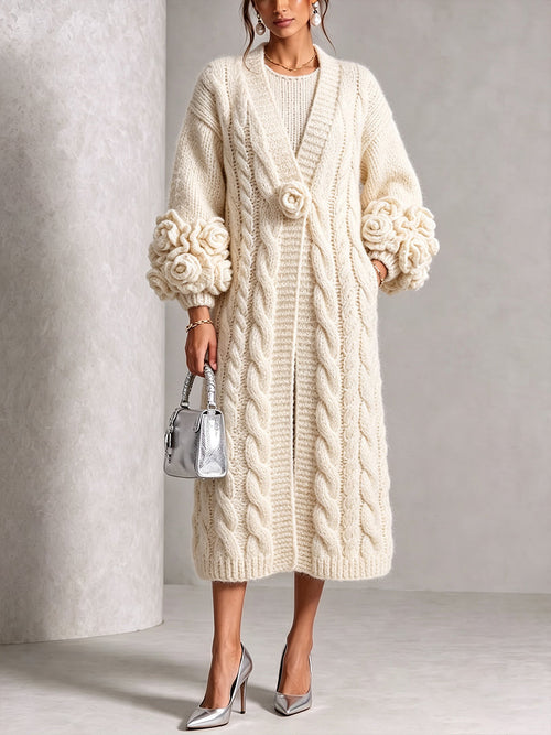 Floral-Sleeve Cable-Knit Long Cardigan