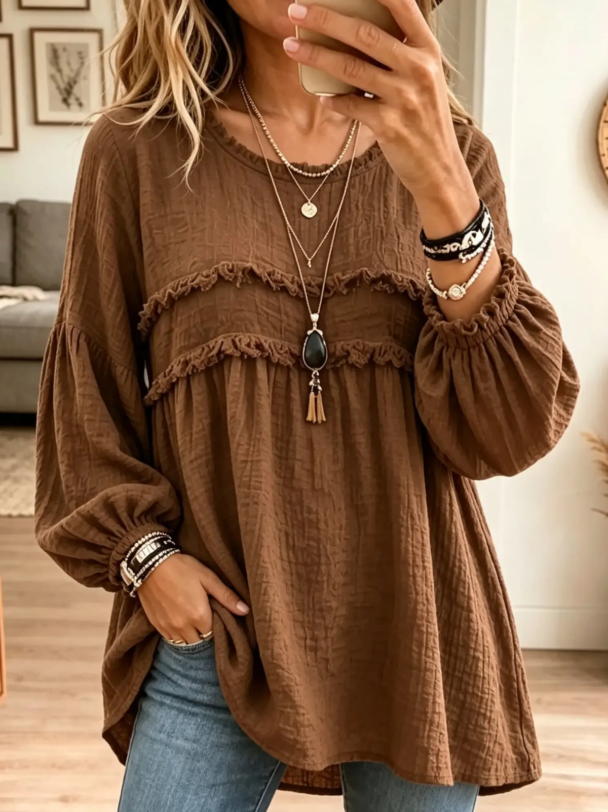 Crinkle Ruffle-Yoke Babydoll Tunic Blouse
