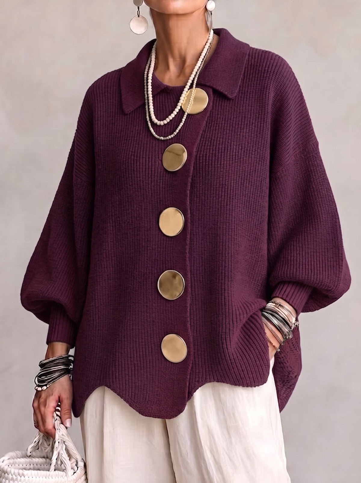 Oversized Collared Cardigan with Scalloped Hem