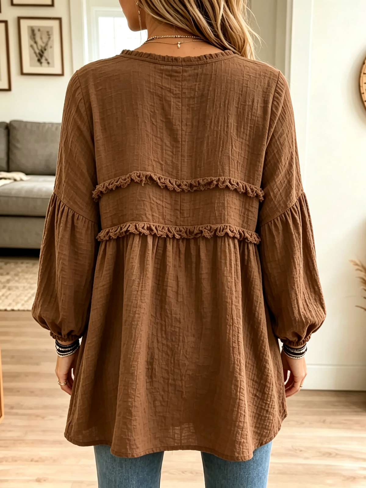 Crinkle Ruffle-Yoke Babydoll Tunic Blouse