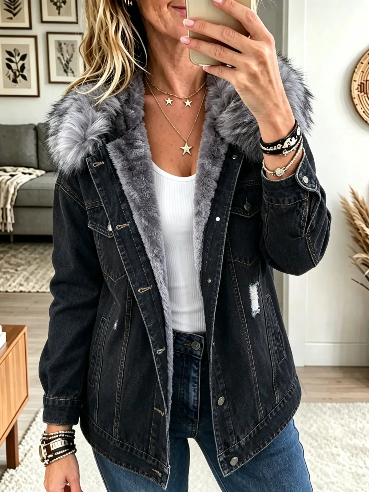 Faux Fur Collar Fleece-Lined Denim Jacket