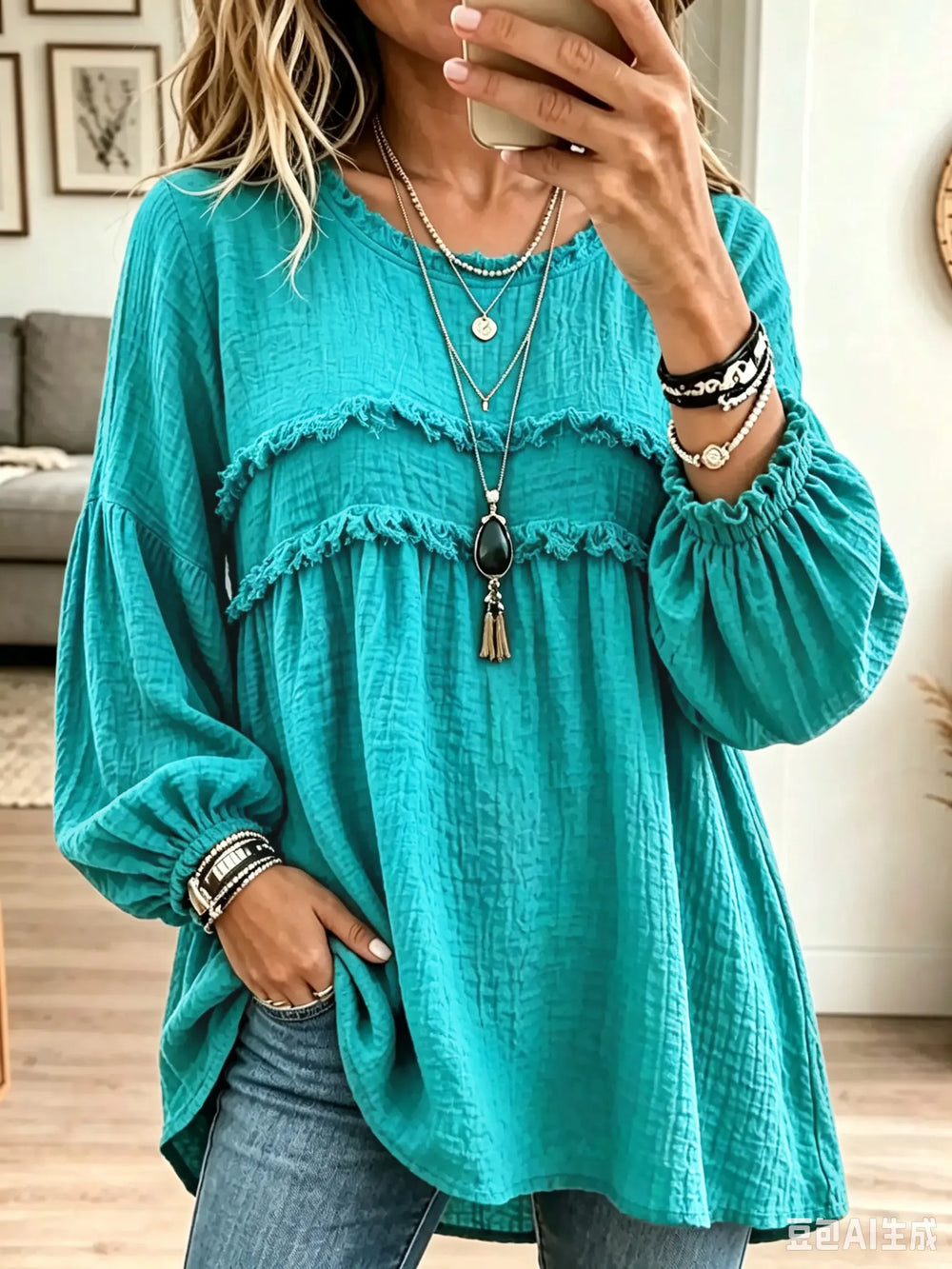 Crinkle Ruffle-Yoke Babydoll Tunic Blouse