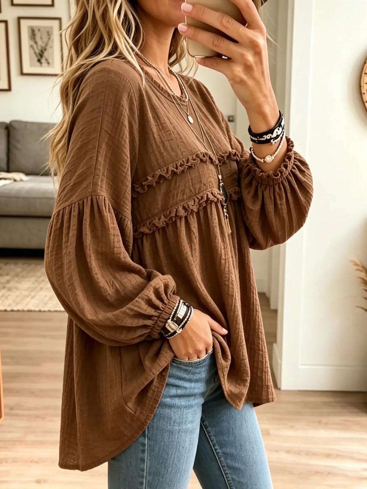 Crinkle Ruffle-Yoke Babydoll Tunic Blouse