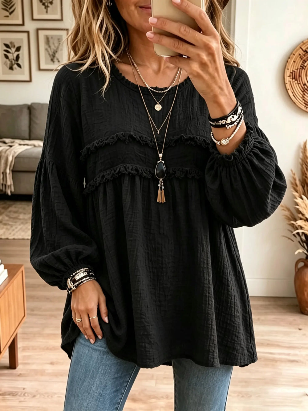 Crinkle Ruffle-Yoke Babydoll Tunic Blouse