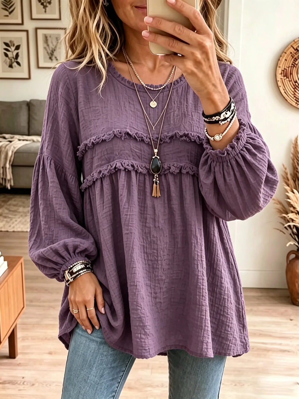 Crinkle Ruffle-Yoke Babydoll Tunic Blouse