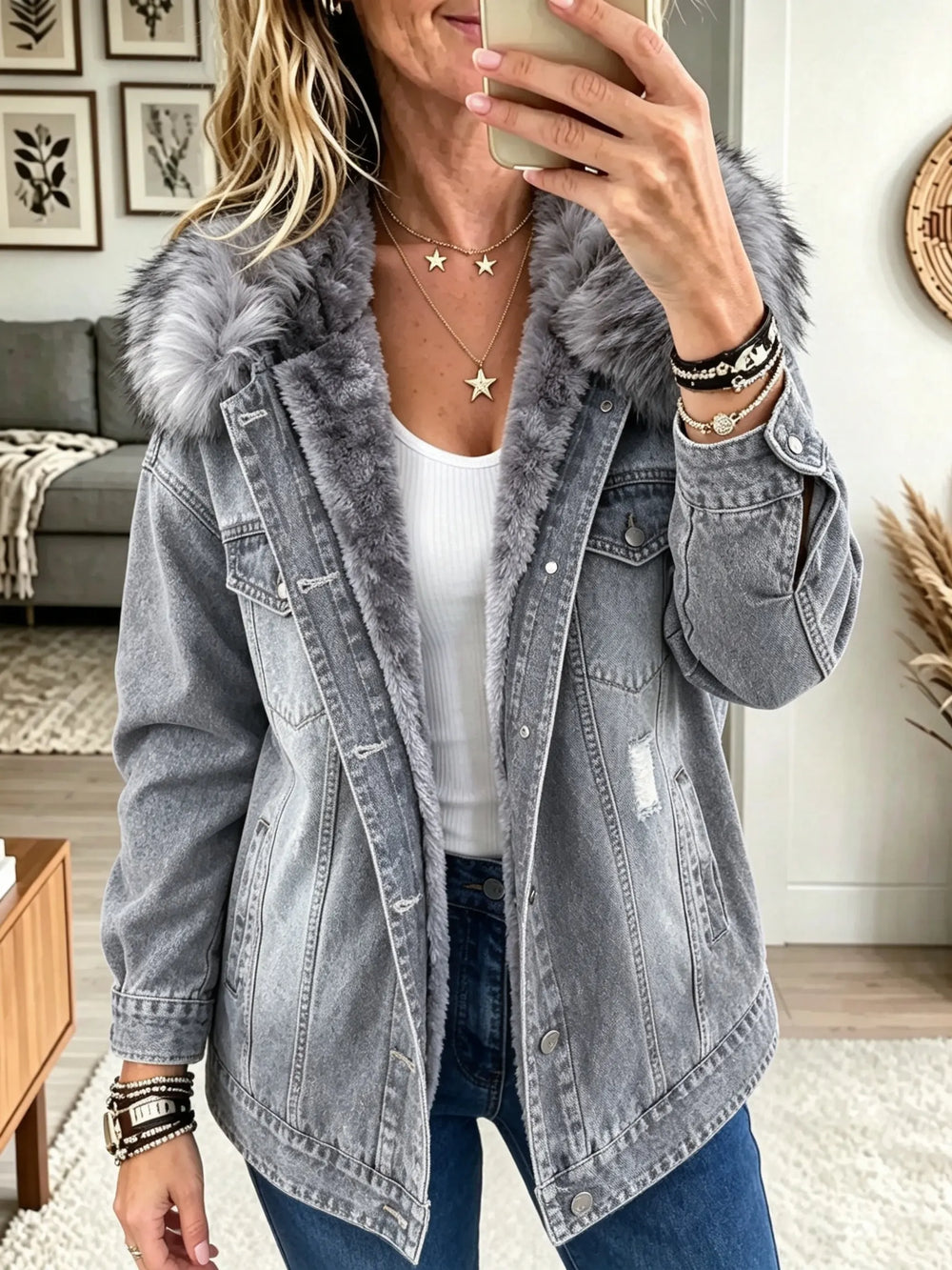 Faux Fur Collar Fleece-Lined Denim Jacket