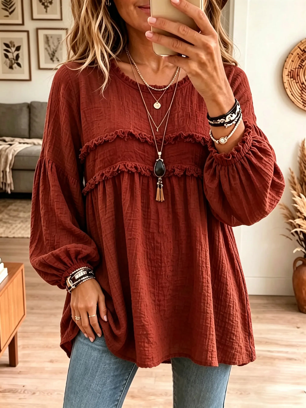 Crinkle Ruffle-Yoke Babydoll Tunic Blouse