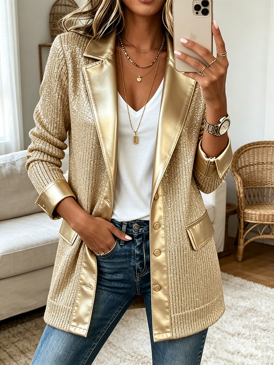 Metallic Knit Blazer with Faux Leather Trim