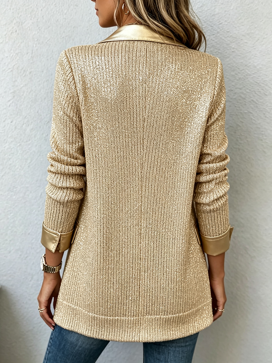 Metallic Knit Blazer with Faux Leather Trim