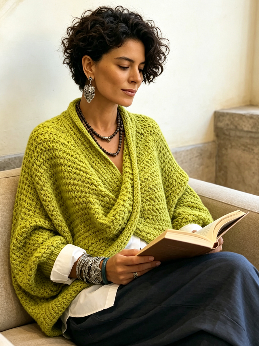 Crossover V-Neck Batwing Chunky Knit Sweater