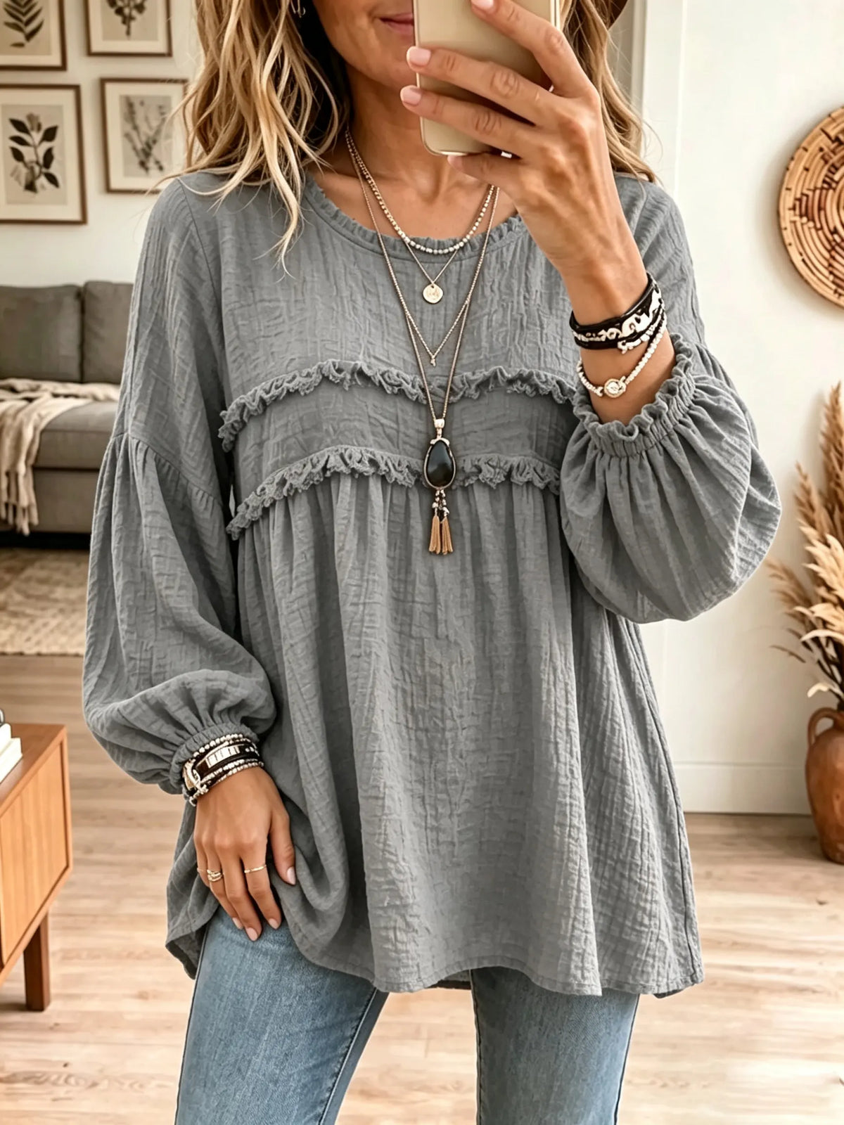 Crinkle Ruffle-Yoke Babydoll Tunic Blouse