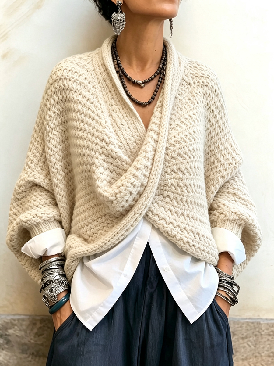 Crossover V-Neck Batwing Chunky Knit Sweater