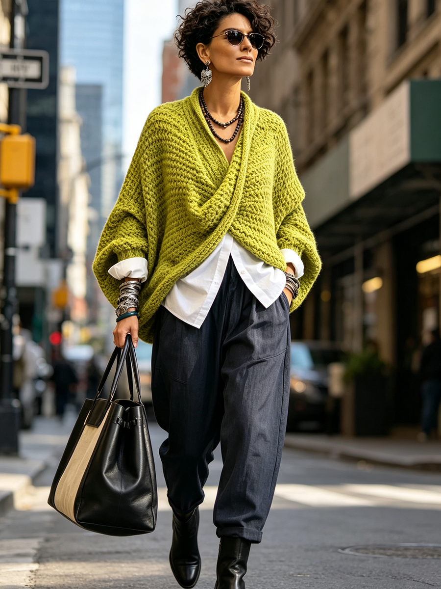 Crossover V-Neck Batwing Chunky Knit Sweater
