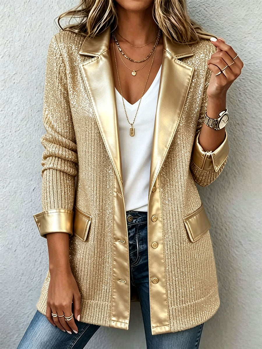 Metallic Knit Blazer with Faux Leather Trim