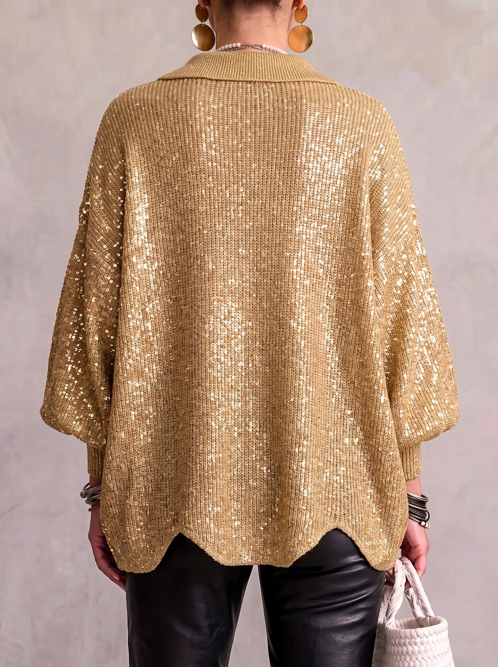 Oversized Collared Cardigan with Scalloped Hem