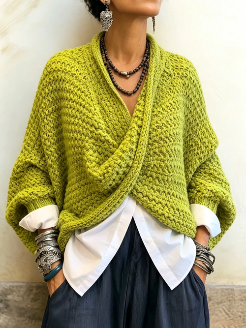 Crossover V-Neck Batwing Chunky Knit Sweater