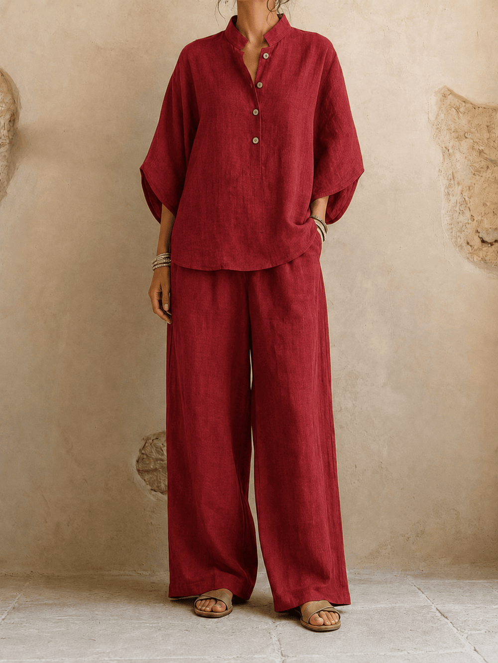 Batwing-Sleeve Shirt & Wide-Leg Pant Set