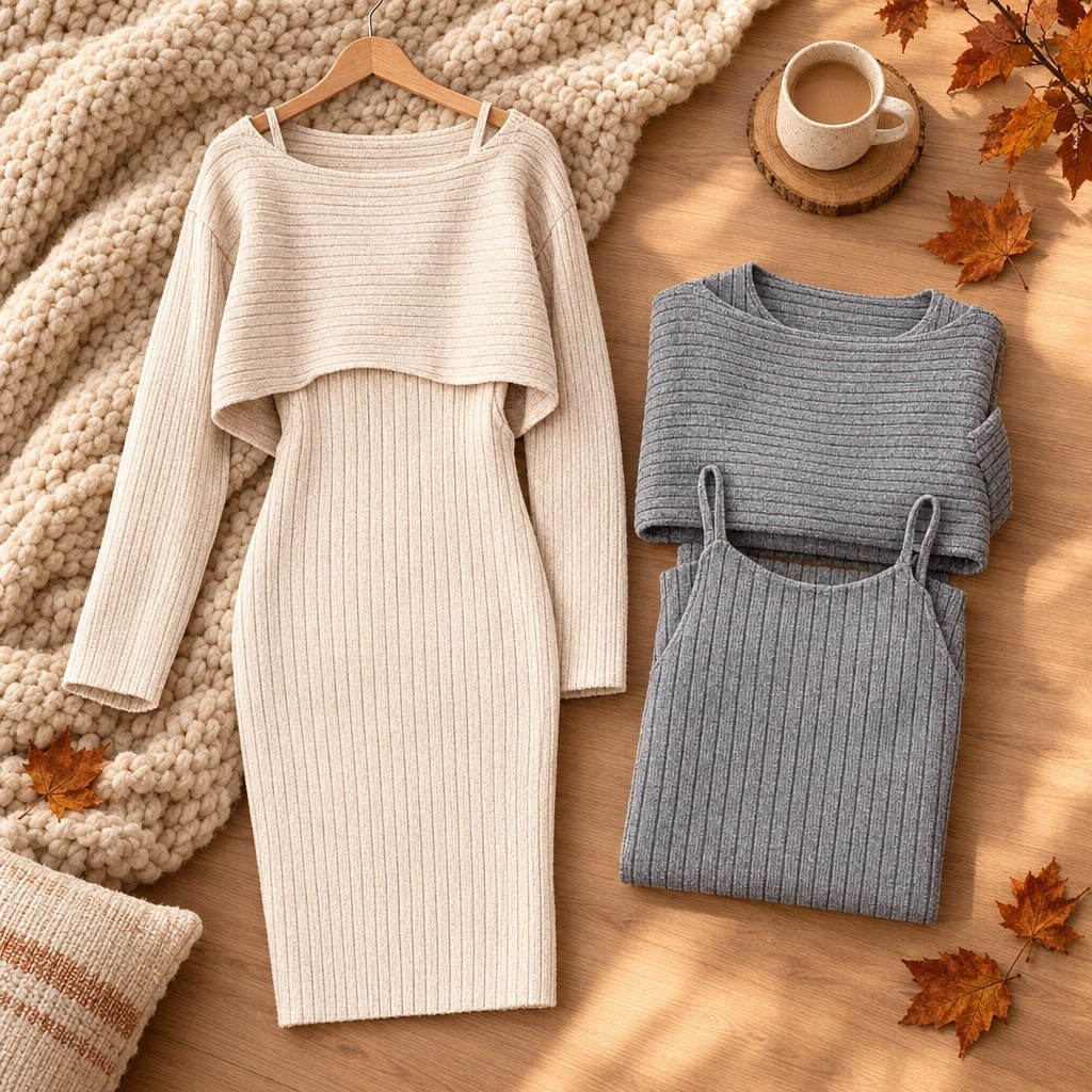 Ribbed Knit Cropped Sweater & Slip Dress Set