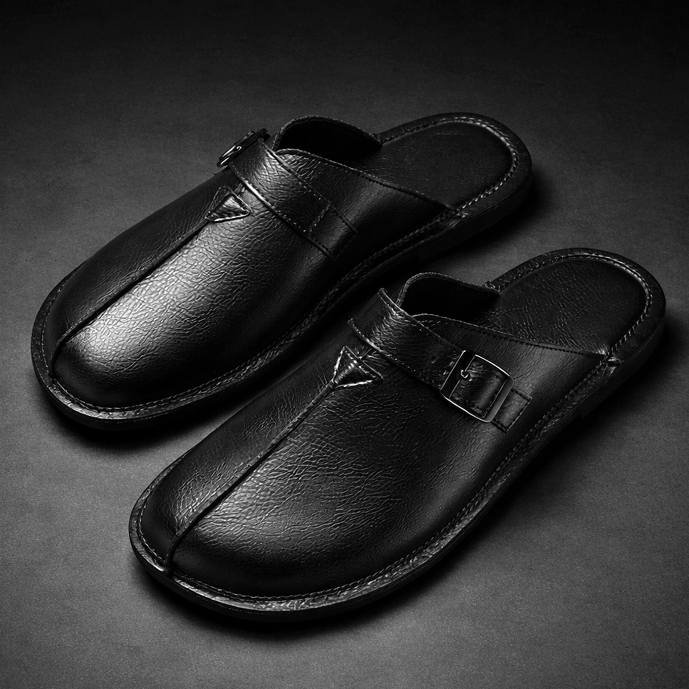 Men's Buckle-Strap Slip-On Mules