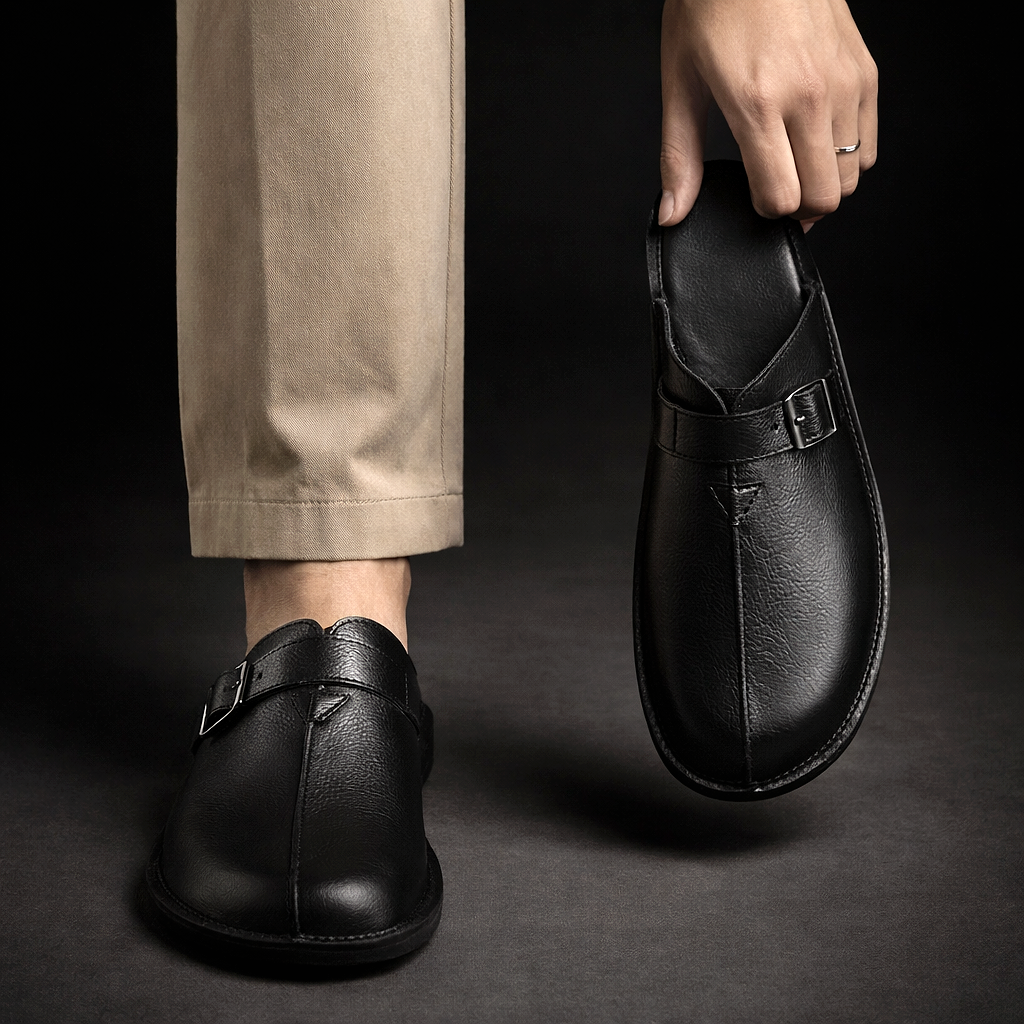 Men's Buckle-Strap Slip-On Mules