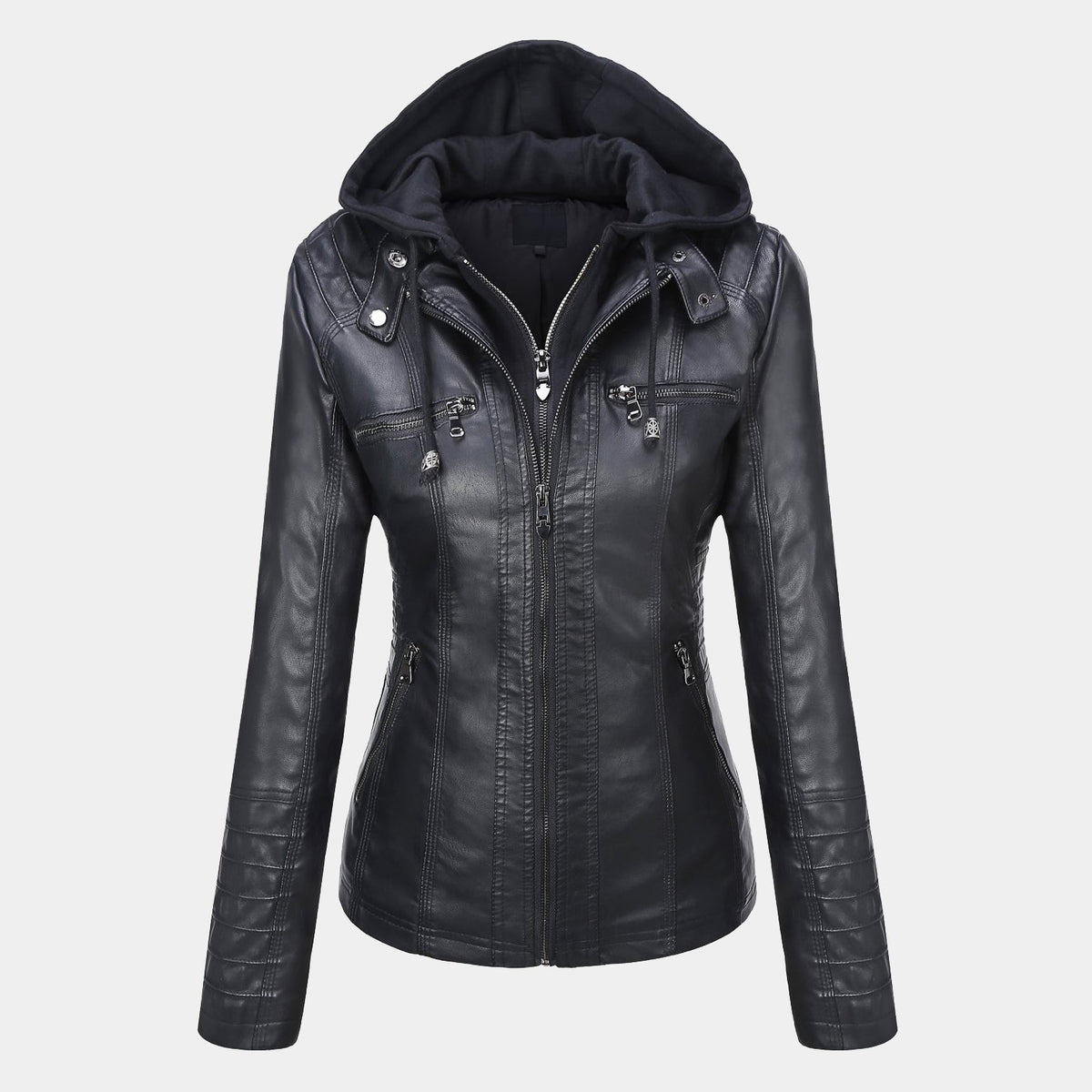 Faux Leather Moto Jacket with Detachable Hood