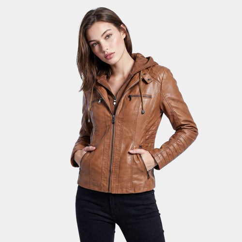 Faux Leather Moto Jacket with Detachable Hood