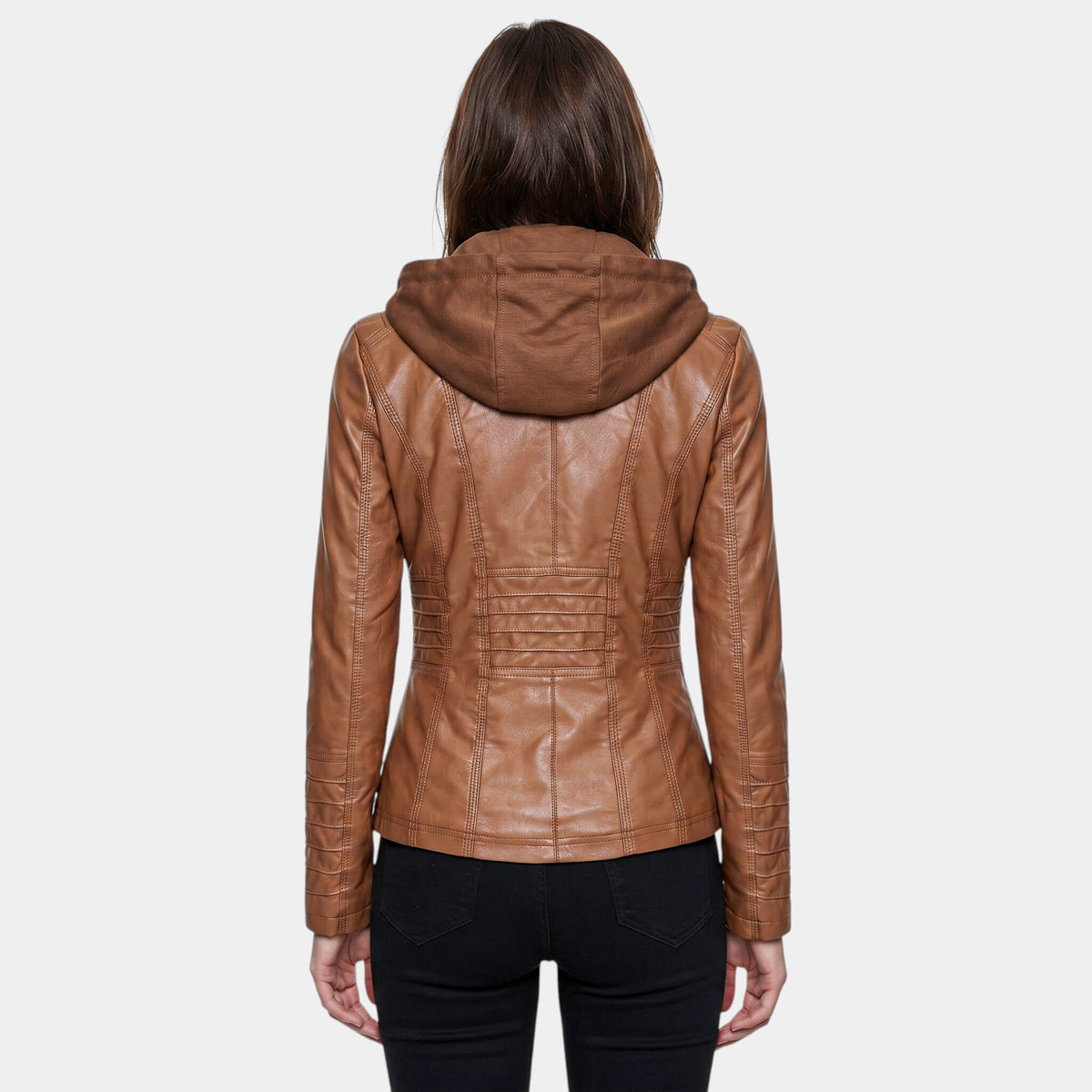 Faux Leather Moto Jacket with Detachable Hood
