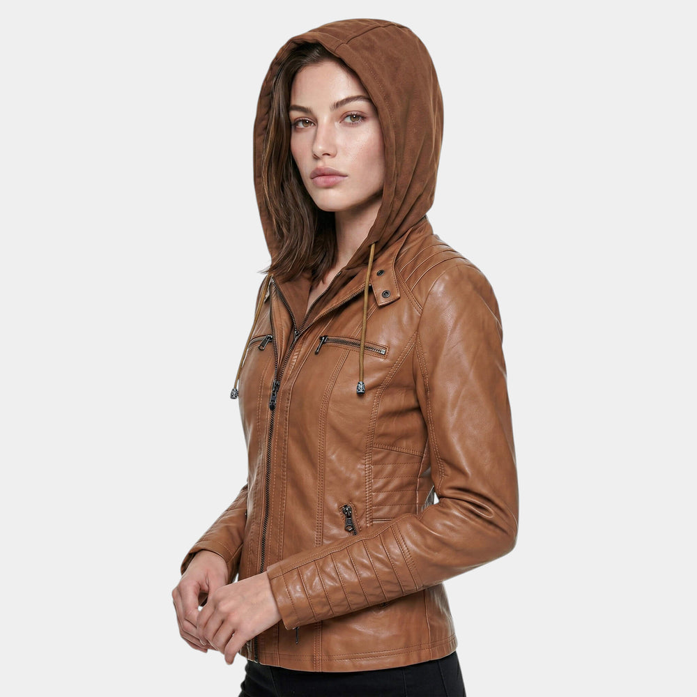 Faux Leather Moto Jacket with Detachable Hood