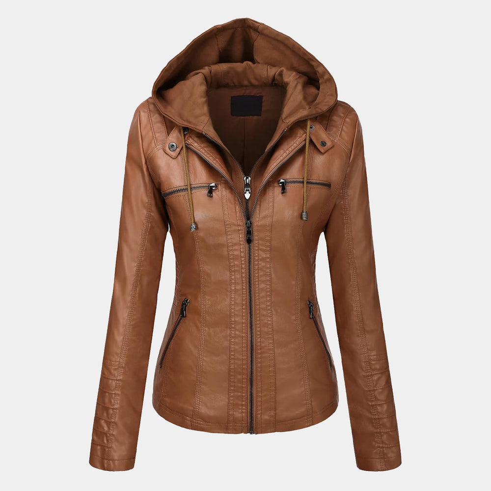 Faux Leather Moto Jacket with Detachable Hood