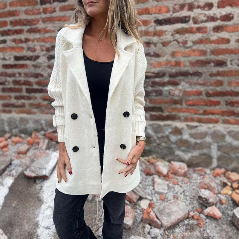 Cable-Sleeve Double-Breasted Knit Coat