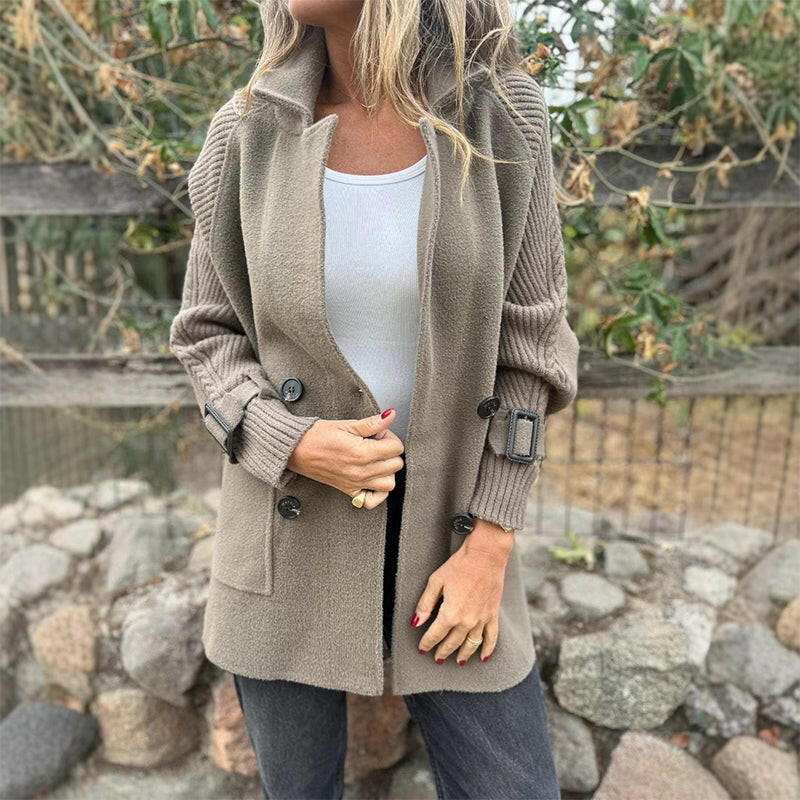 Cable-Sleeve Double-Breasted Knit Coat