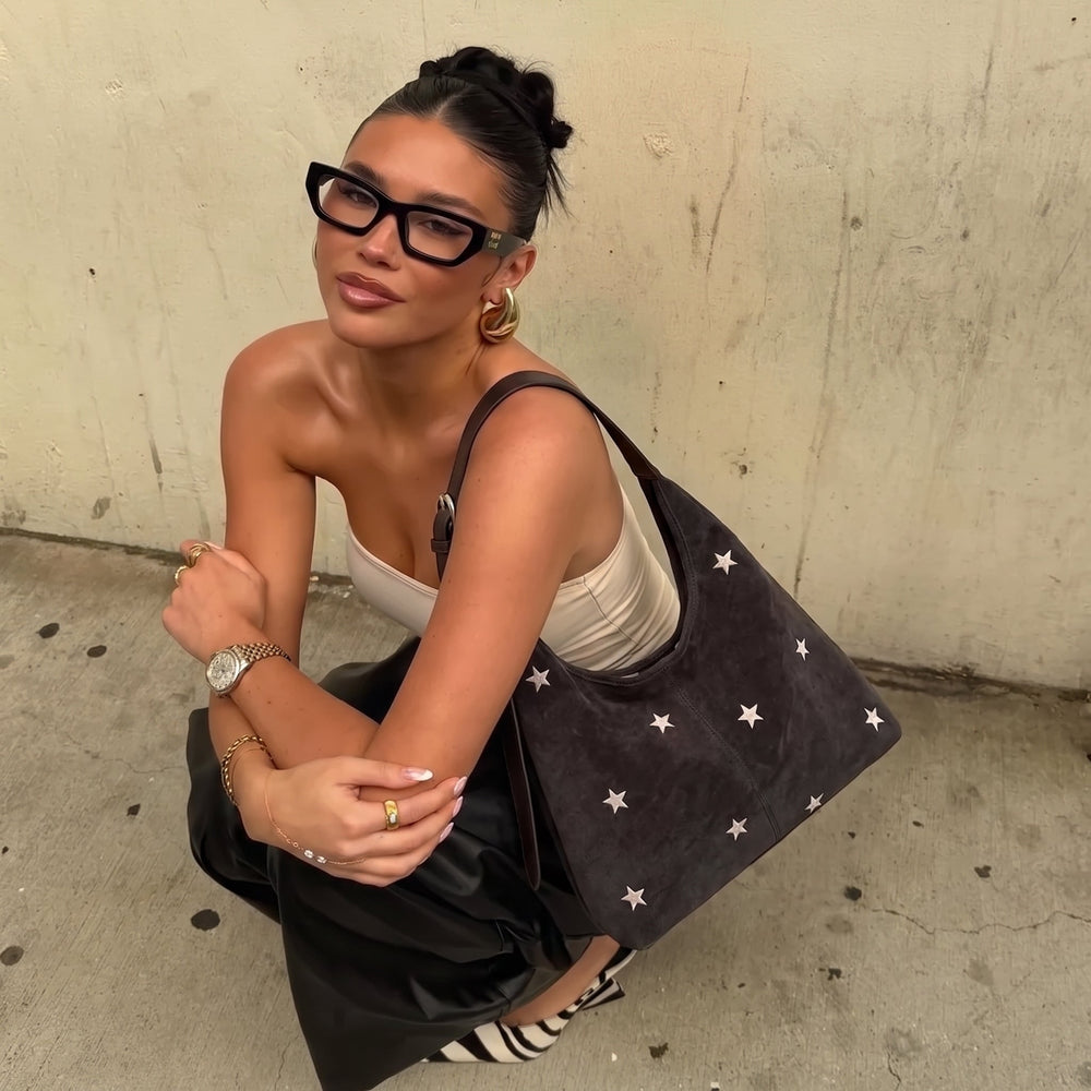 Embroidered Star Suede-Look Shoulder Bag