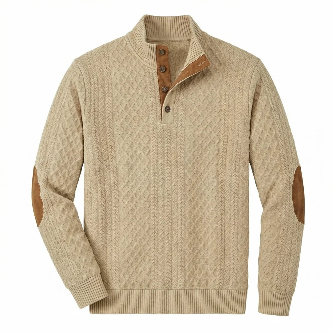 Men's Elbow-Patch Button Mock Neck Sweater
