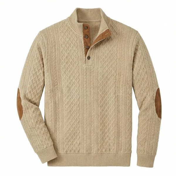 Men's Elbow-Patch Button Mock Neck Sweater