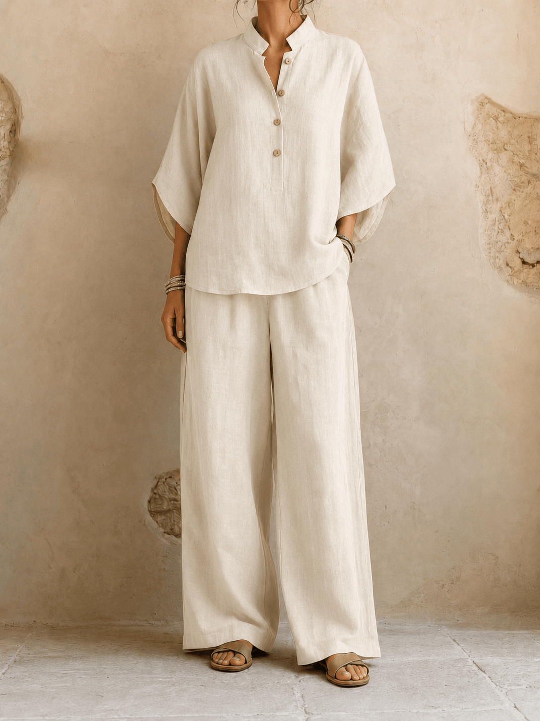 Batwing-Sleeve Shirt & Wide-Leg Pant Set